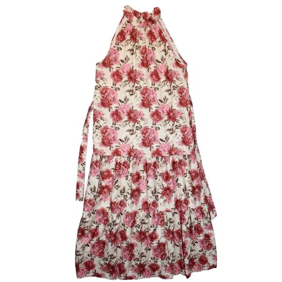 Shein Maxi Dress Halter Neck Women L Satin Beige Pink Floral Summer Beach - Picture 2 of 16